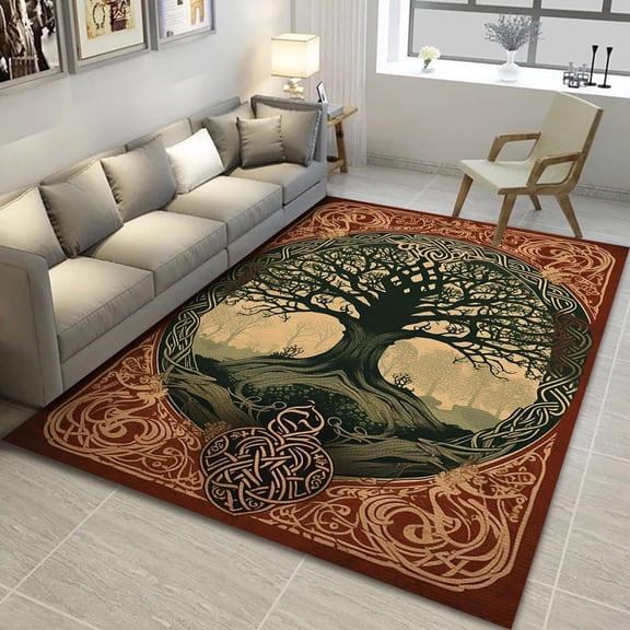 Viking Tree of Life Norse Rectangle Area Rug – Non-Slip, Indoor/Outdoor – Modern Home Decor Carpet – Non-Slip Backing – Machine Washable – Soft Low-Pile