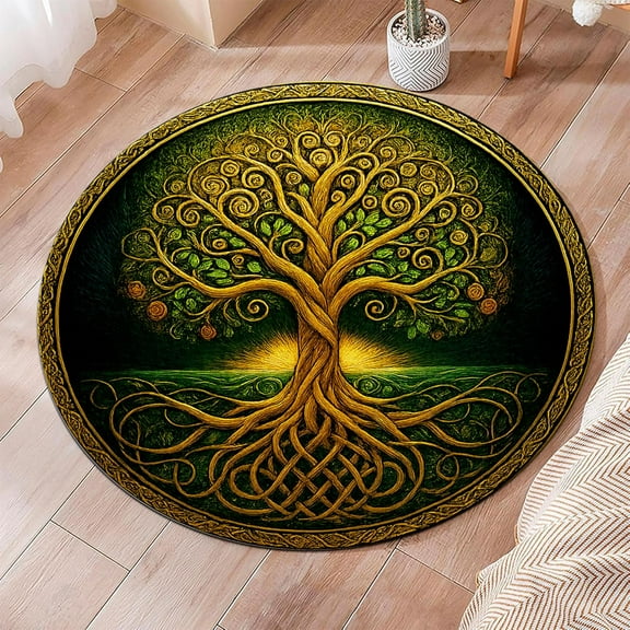 Viking Tree of Life Round Area Rug, Celtic Knot Circle Carpet with Norse Rune Pattern, Soft Washable Non-Slip Floor Mat for Living Room or Meditation Space