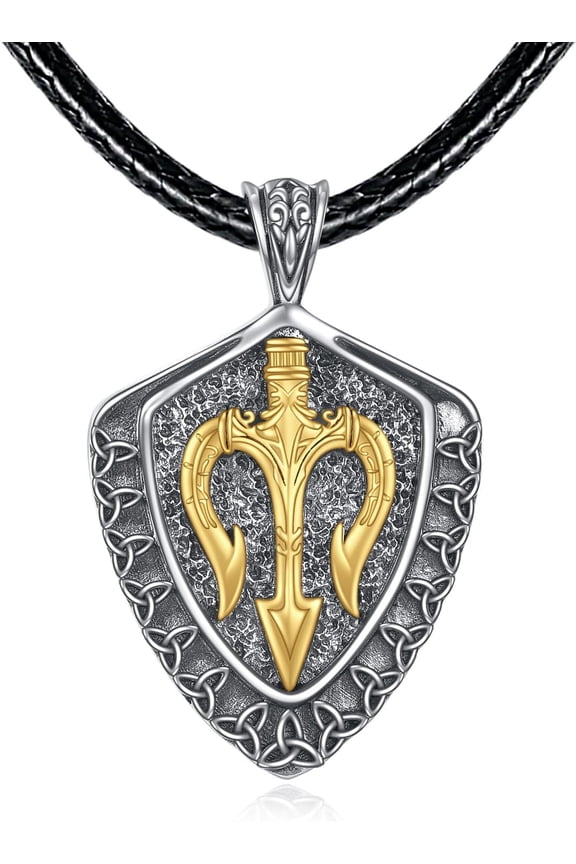 Viking Trident Necklace 925 Sterling Silver Celtic Trident Shield Pendant Oxidized Norse Viking Jewelry for Men Women