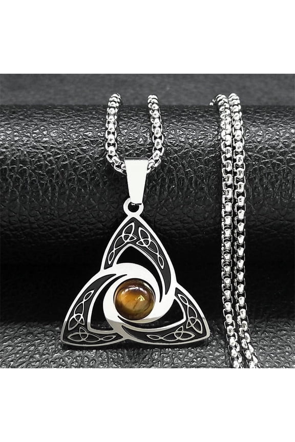 Viking Trinity Knot Necklace for Women Men 14K White Gold Tiger Eye Witch Irish Celtic Lucky Amulet Chain Jewelry