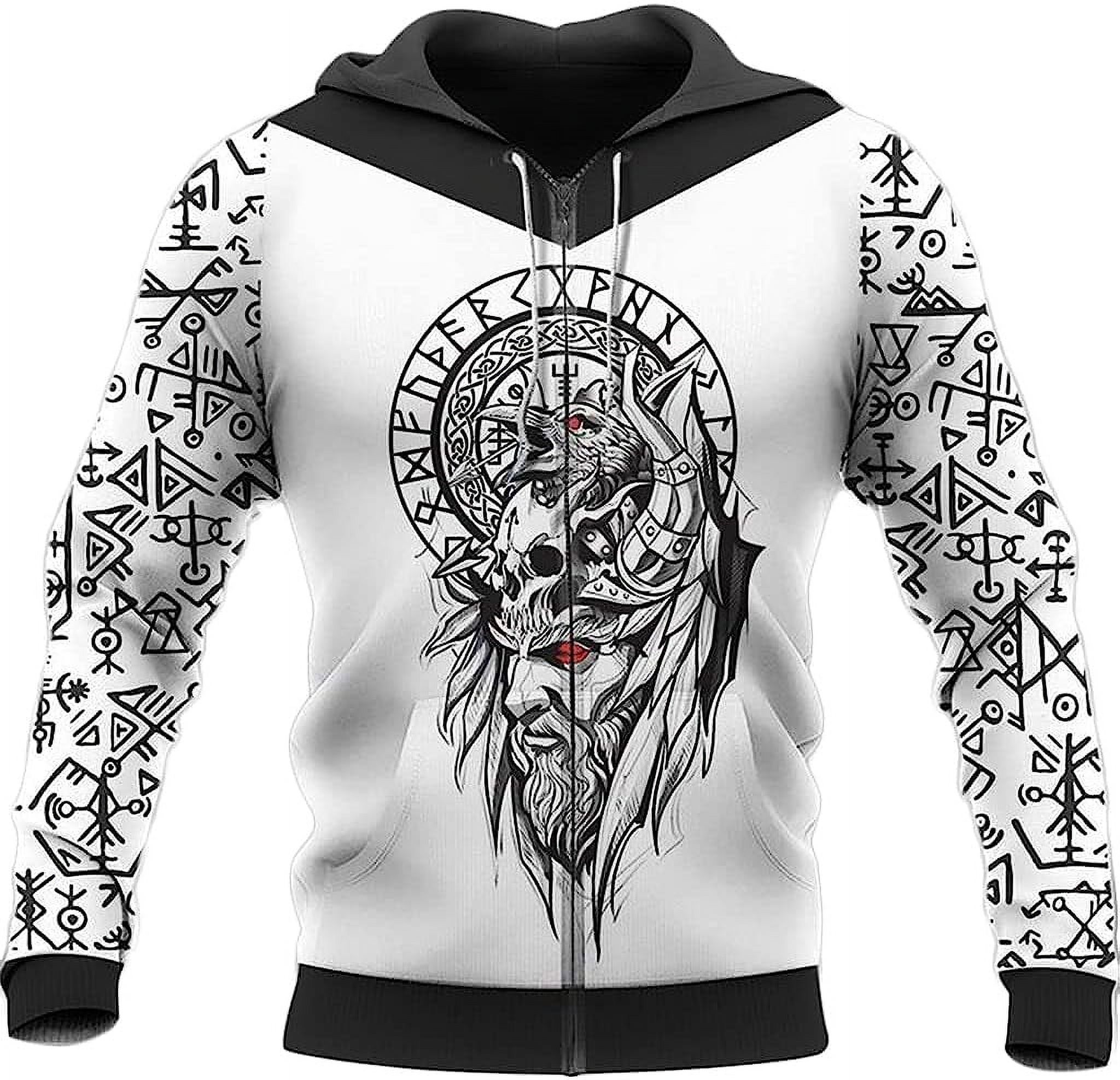Viking Wolf Hoodie For Men - Nordic Fenrir Wolf Tattoo Graphic Zip-Up Pullover With Vegvisir Rune, Vintage Style Sweatshirt - View #4