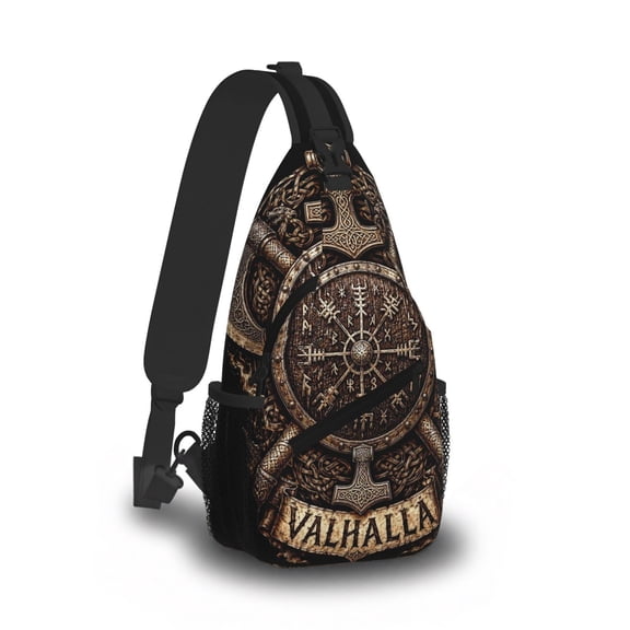 Viking Valhalla Sling Bag for Men Women - Norse Mythology Vegvisir Compass Celtic Knot Crossbody Chest Bag, Adjustable Shoulder Backpack for Travel Hiking Outdoor Casual Daypack