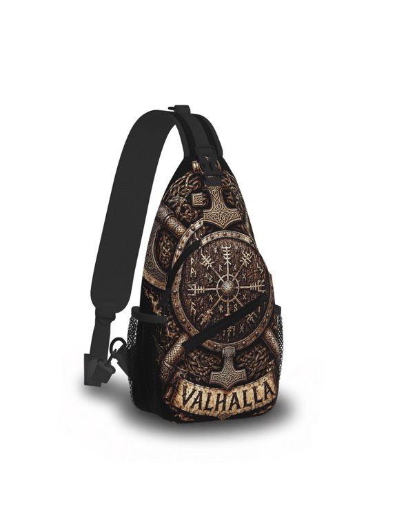 Viking Valhalla Sling Bag for Men Women - Norse Mythology Vegvisir Compass Celtic Knot Crossbody Chest Bag, Adjustable Shoulder Backpack for Travel Hiking Outdoor Casual Daypack