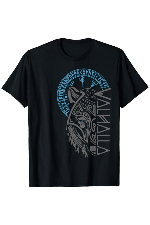 Viking Valhalla Wolf Graphic Tee Retro Norse Mythology Rune Men's Unisex Black T-Shirt Cool Warrior Style