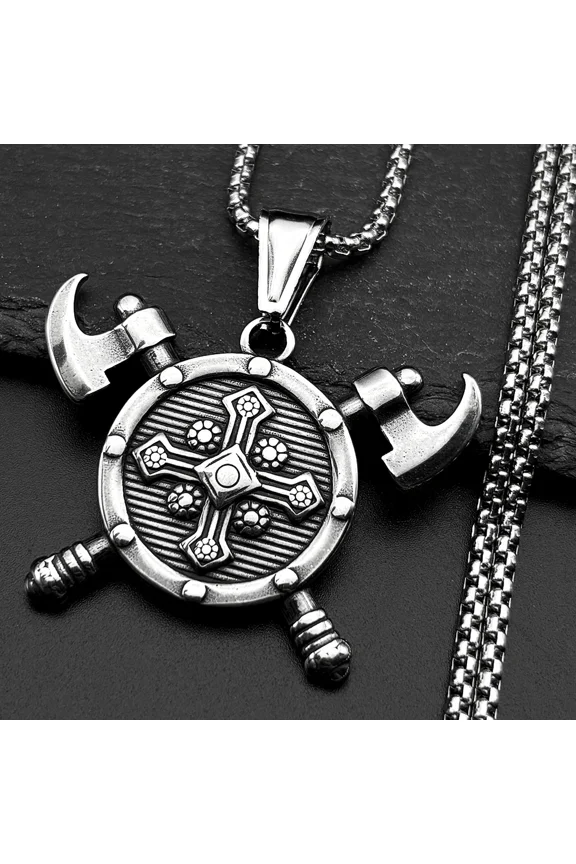 Viking Valknut Axes Shield Barbarian Cross Pendant Necklace 14K White Gold for Men Norse Mythology Gladiator Medieval Knight Necklace Jewelry