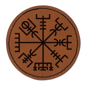 Viking Vegvisir Norse Protection Rune 2.5" Faux Leather Round Engraved Iron-On Patch - Brown