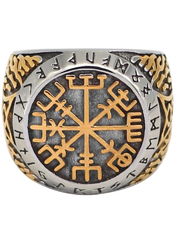 Viking Vegvisir Ring Gold Silver Stainless Steel Norse Thors Hammer Signet Band Mens Fantasy Forge Jewelry