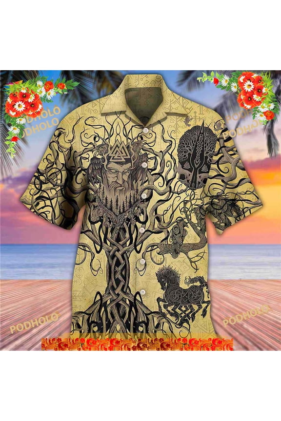 Viking Victory Life Tree Hawaiian Shirt, 3D Button Down Shirt, Summer Gift