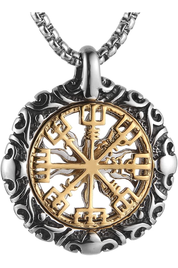 Viking Vigvisil Nordic Compass Stainless Steel Necklace with Double-Sided Openwork Carved Sun Totem Pendant, Nordic Amulet Jewelry