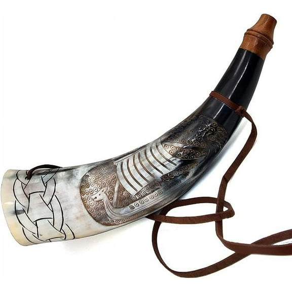 Viking War Horn - 16" Genuine Ox-Horn Battle Trumpet - Premium Hand Engraved BOAT Horn Viking Norse Cattle Ancient Horn Bugle Hunting Tool BATTLE HORN BLOWING HORN VIKING BUGLE HORN With Wooden Stand