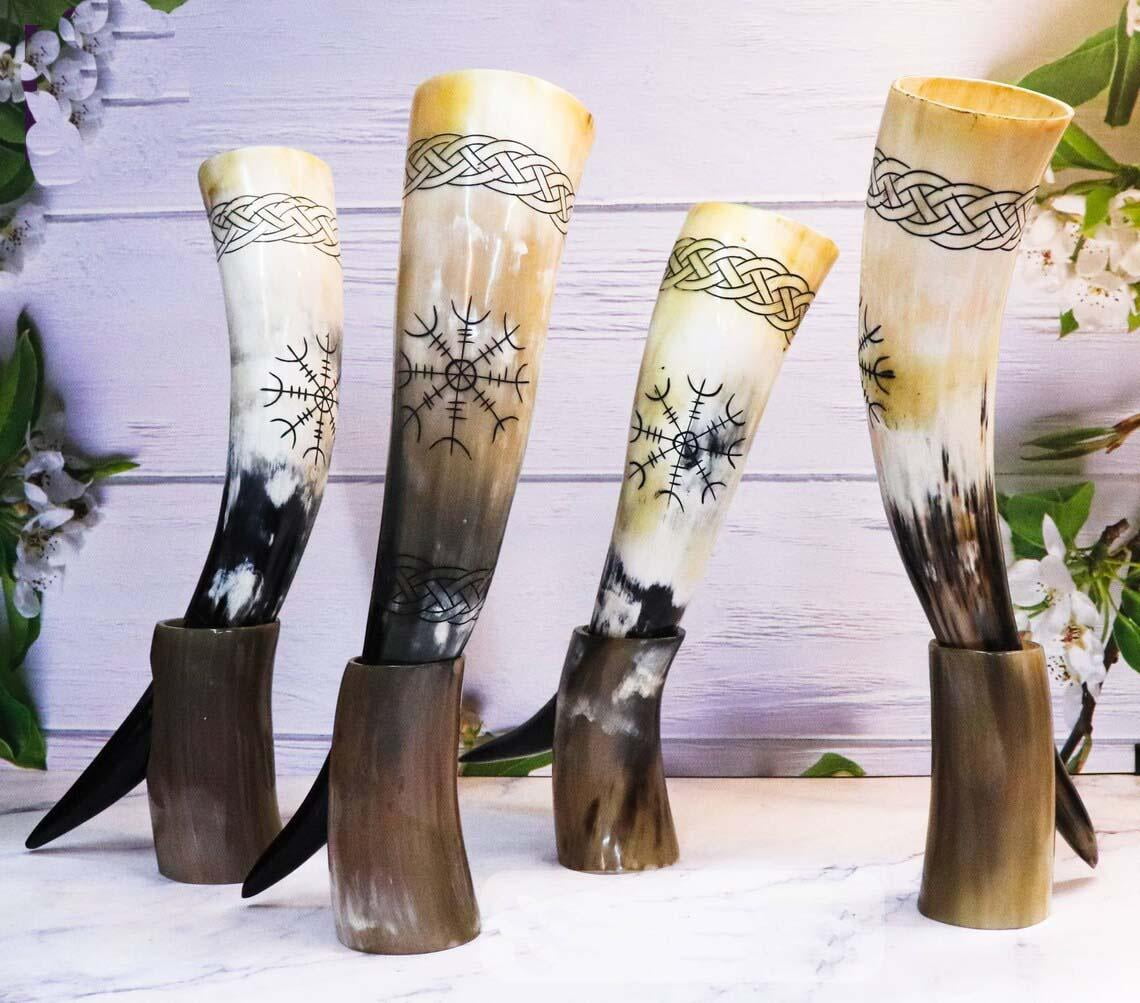 Viking War Horn 18"Genuine Ox Blowing Horn Battle Trumpet With Leather Strap | Compass Finish