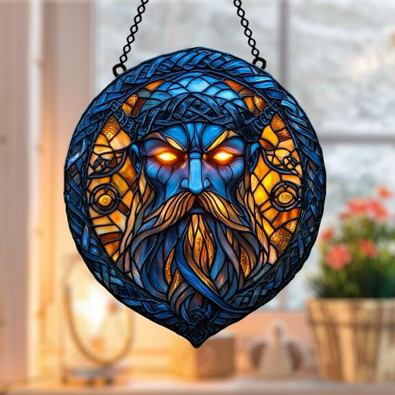 Viking Warrior Acrylic Suncatcher Faux Glass Norse God Face with Glowing Eyes and Celtic Runes, Nordic Window Decor for Fantasy Fans