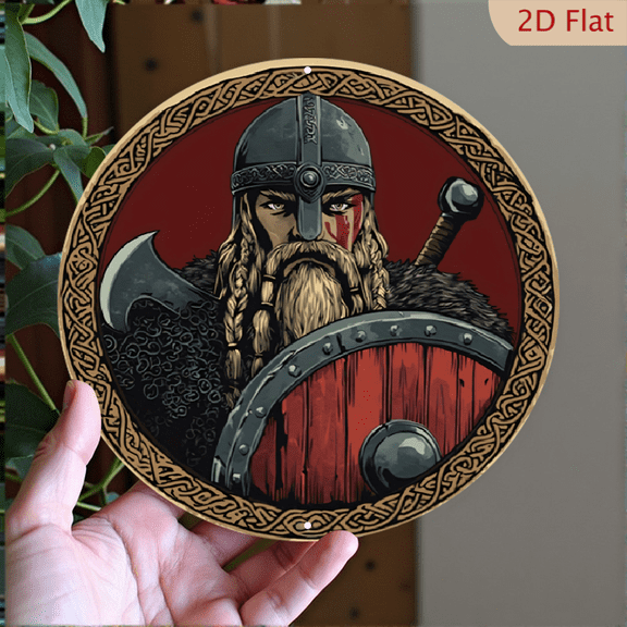 Viking Warrior Metal Wall Art Round Aluminum Sign 8x8 Inch Norse Mythology Home Decor Bearded Nordic Fighter Portrait Plaque for Office Living Room Wall Decor