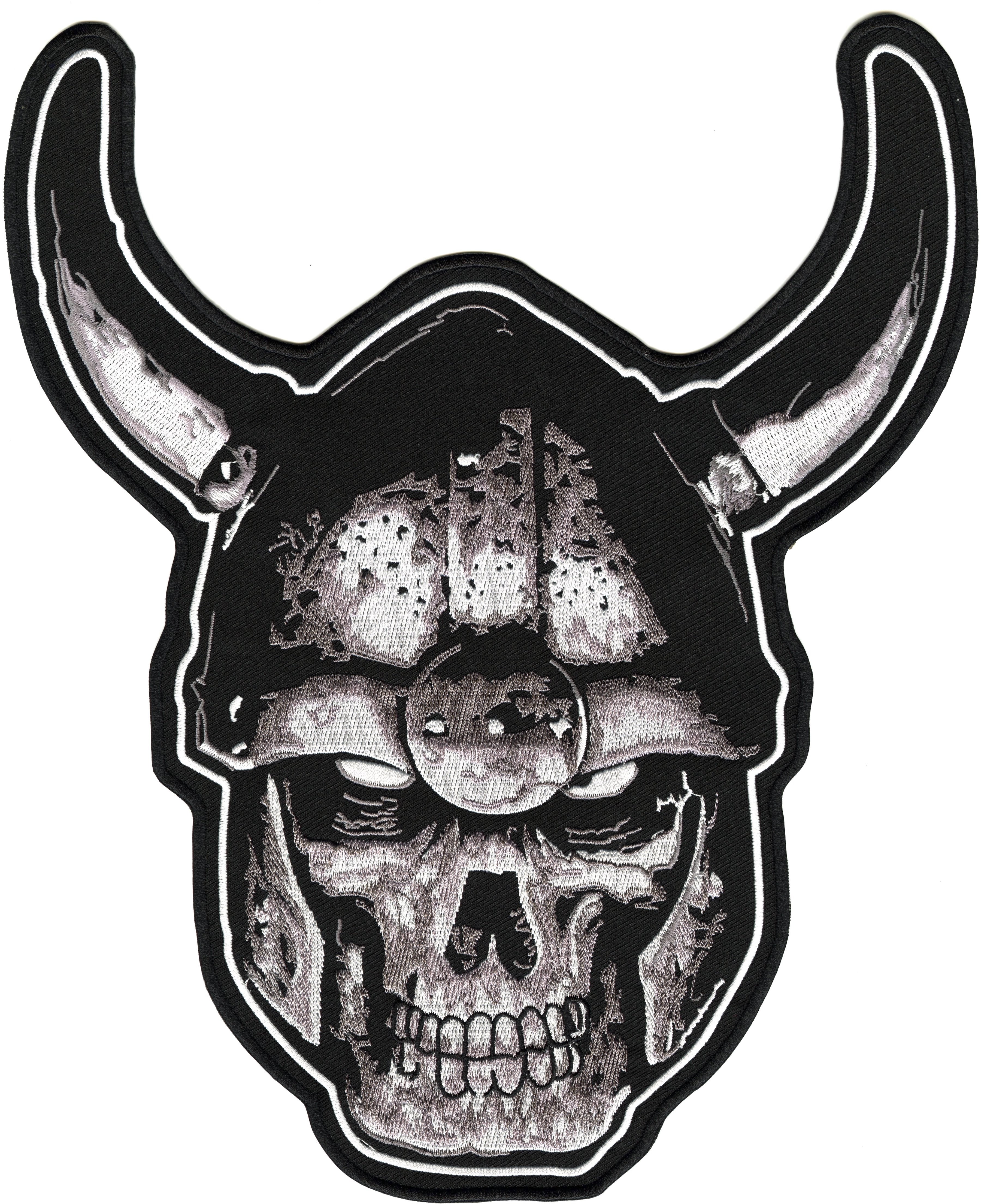 Viking Warror Skull Patch 12" | Realistic Metal Halfskull Goth Punk Skeleton Dead Demon Slayer Large Embroidered Center Back Patch Iron On - by Nixon Thread Co.