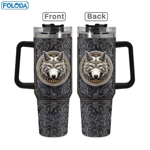 Viking Wolf 40oz Stainless Steel Handle Insulated Mug Outdoor Travel Mug, 40oz Coffee Mug For Wolf Enthusiasts, Unisex Graduation Gift, Birthday Gift, Valentine's Day, Father's Day, Christmas Gift
