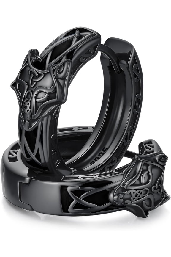 Viking Wolf Earrings 925 Sterling Silver Celtic Knot Wolf Hoop Earrings Black Vintage Earrings for Men Women