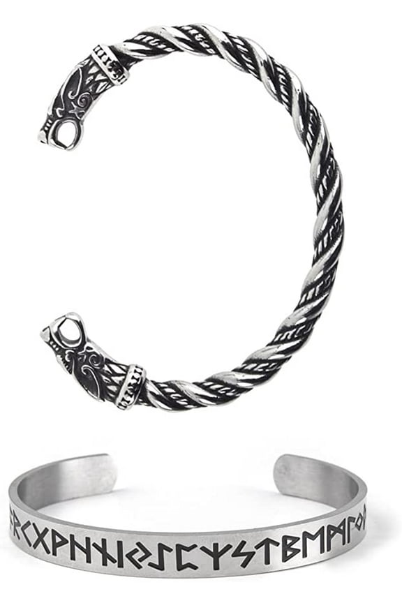 Viking Wolf Fenrir Bangle  2 PCS Stainless Steel Norse Scandinavian Torc  Rune Bangle Bracelet