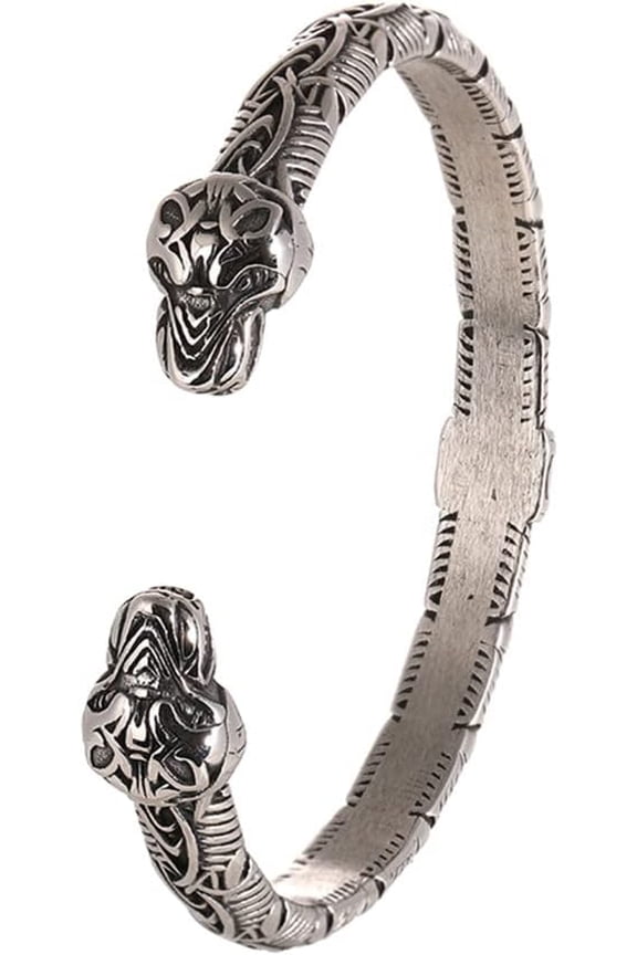 Viking Wolf Head Bangle, Norse Arm Ring Stainless Steel, Scandinavian Nordic Mythology Jewelry