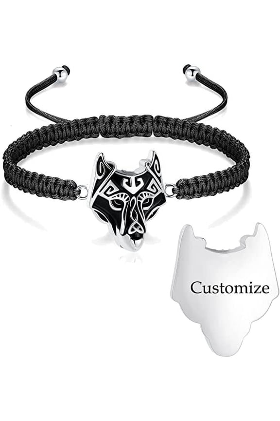 Viking Wolf Head Urn Bracelet for Ashes for Men Ashes Keepsake Urn Jewelry for Human Ashes/Pet Ashes,Wolf Jewelry Gift Adjustable Braided Bracelets