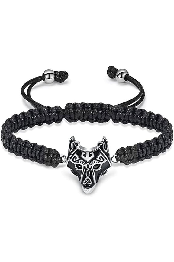 Viking Wolf Head Urn Bracelet for Ashes for Men Ashes Keepsake Urn Jewelry for Human Ashes/Pet Ashes,Wolf Jewelry Gift Adjustable Braided Bracelets