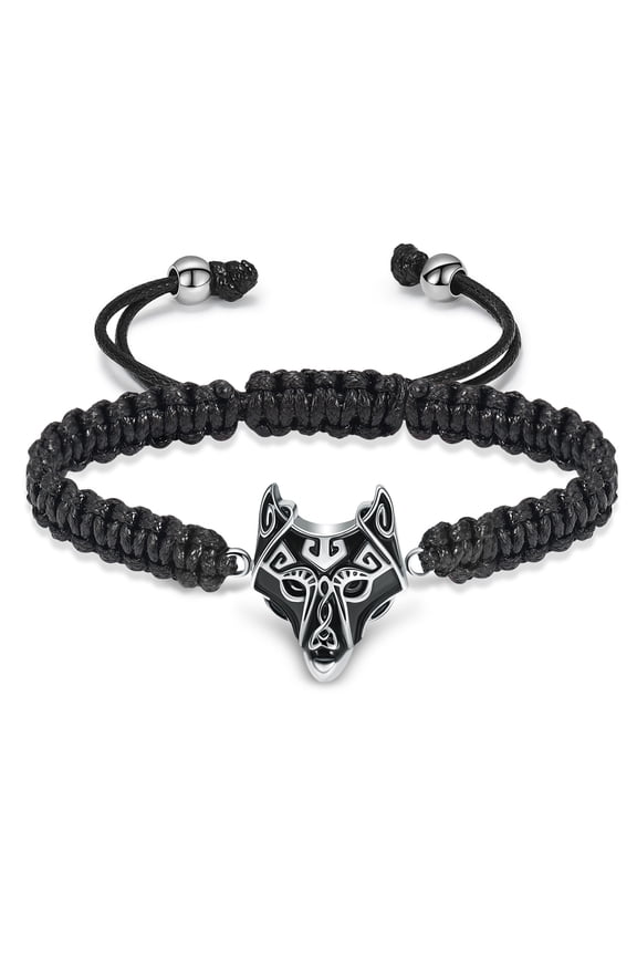 Viking Wolf Head Urn Cremation Urns Bracelet for Ashes Adjustable Braided Rope Keepsake Bangle Jewelry for Women Men Memorial Bracelet