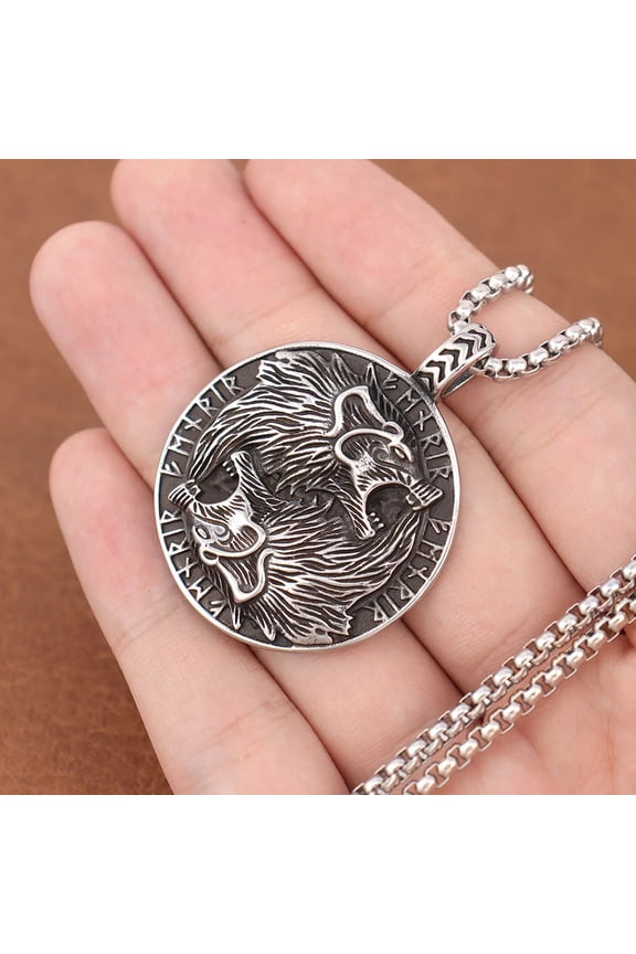 Viking Wolf Odin Rune 14K White Gold Necklace Men's Nordic Animal Pendants Fashion Vintage Jewelry Gifts