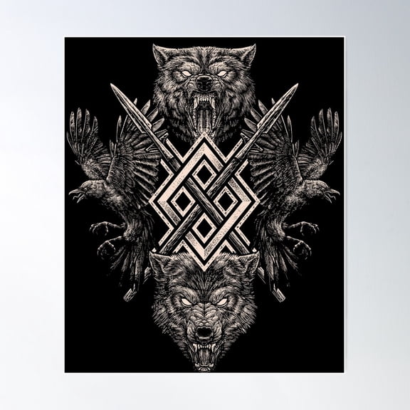 Viking Wolf Raven Of Odin Geri Freki Huginn Muninn Norse Mythology Gungnir Poster Wall Art, Modern Wall Decor For Living Room Bedroom, 16x24 UNFRAMED