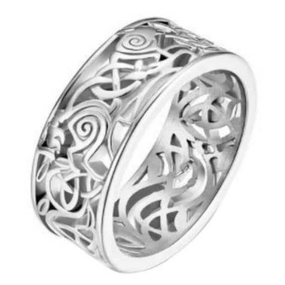 Viking Wolf Ring Silver Stainless Steel Celtic Norse Knot Band Unisex Fantasy Forge Jewelry