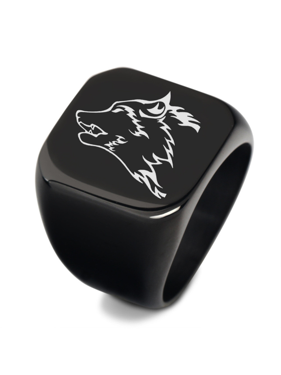 Viking Wolf Signet Ring for Men Women Size 12, Black Dainty Fenrir Wolf Head Monogram Finger Ring, Stainless Steel Biker Wolves Spirit Reminder Jewelry Wolf Fans Gifts for Him