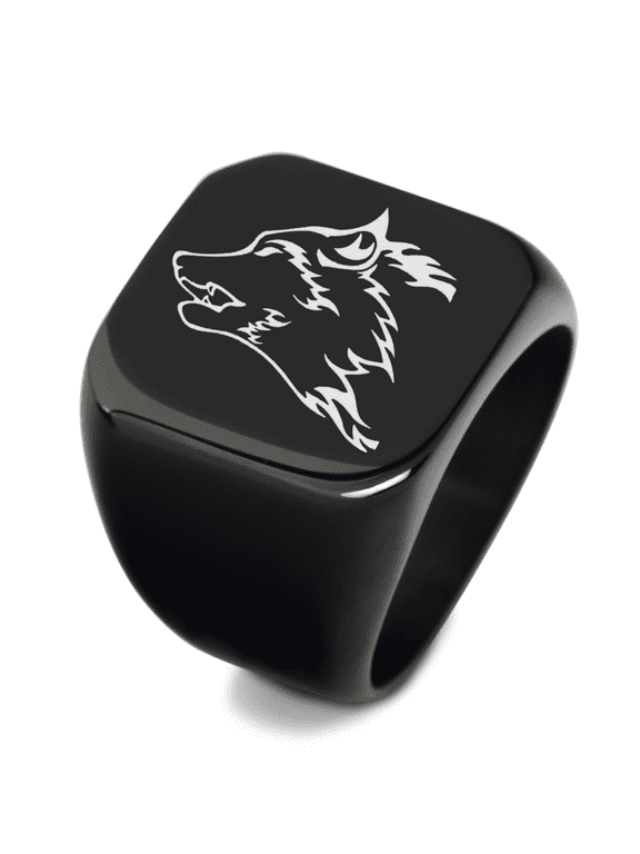 Viking Wolf Signet Ring for Men Women Size 9, Black Dainty Fenrir Wolf Head Monogram Finger Ring, Stainless Steel Biker Wolves Spirit Reminder Jewelry Wolf Fans Gifts for Him