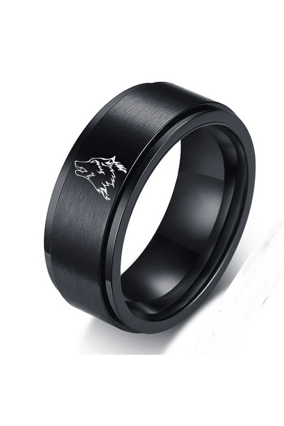 Viking Wolf Spinner Ring for Men Women, Stainless Steel Wolf Head Wolves Spirit Anxiety Band Ring, Fenrir Wolf Finger Rings, Wolf Fans Jewelry Gifts, Black, Size 8