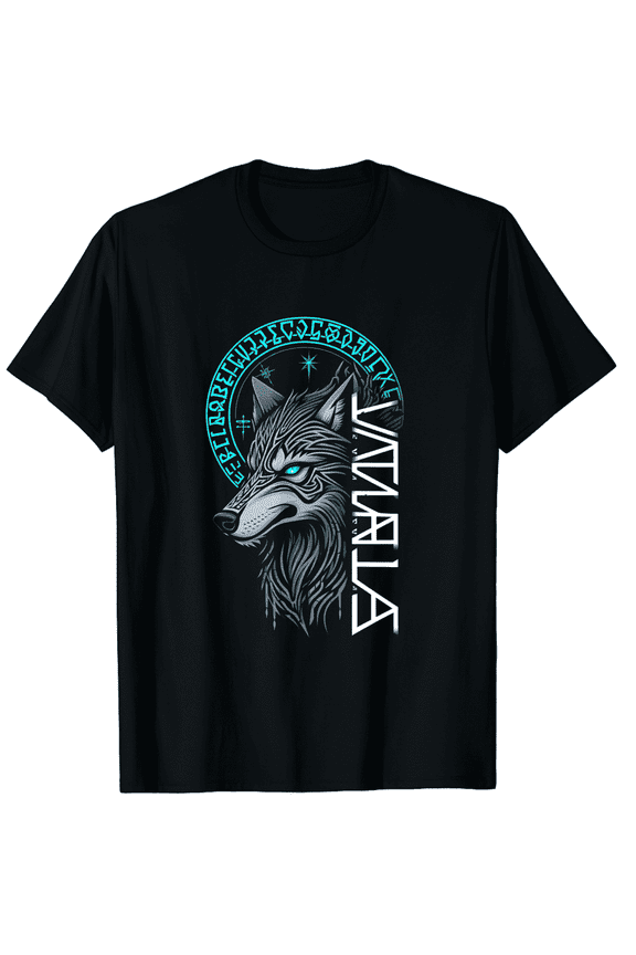 Viking Wolf Valhalla Graphic T-Shirt Retro Norse Mythology Fenrir Tee for Men Unisex Cool Blue Eye Animal Art Top