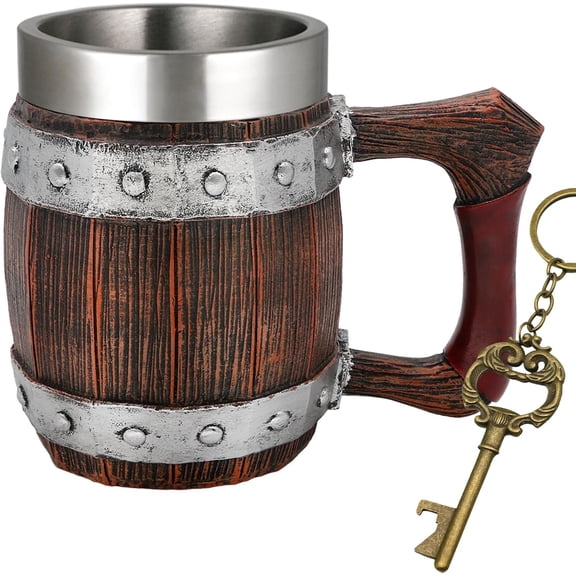 Viking Wooden Barrel Beer Mug - 21oz Stainless Steel Tankard | A unique coffee mug, great Viking gift for men, medieval drinking cup for home bar Norse decor