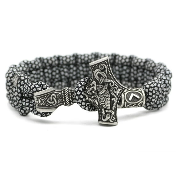 Viking bracelet Thor's Hammer army green camouflage woven bracelet with 24 rune beads