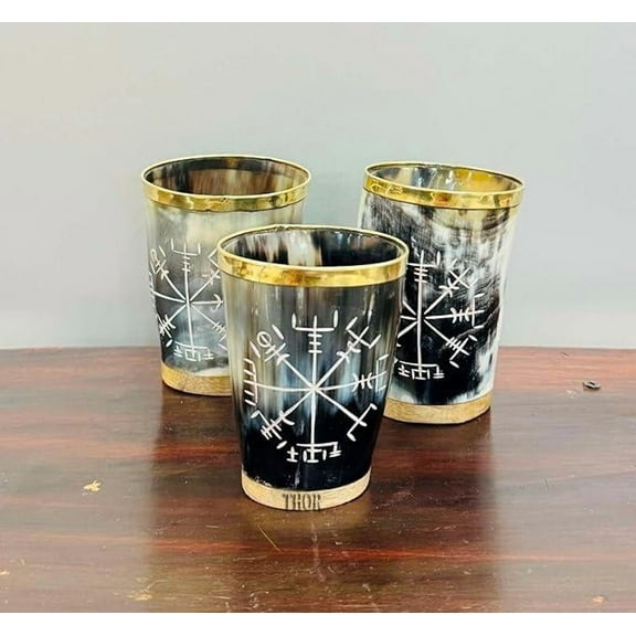 Viking mug Horn Drinking Cup Handmade Natural shot Glass For Beer Ale Mug Medieval Cups Set of 3 Norse decor war Stein tradesmen prop wine drinking carved