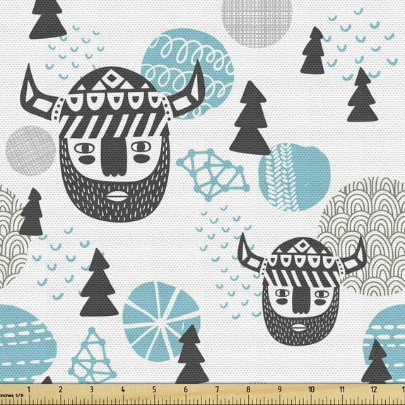Ambesonne Vikings Fabric by the Yard Upholstery, Viking Faces Woodland, 5 Yards, Dark Grey Sky Blue