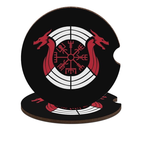 Vikings Nordic Compass Car Coasters for Drinks with A Finger Notch for Easy Removal Cup Holder Coaster Cup Mat Car Interior Accessories 2PCS