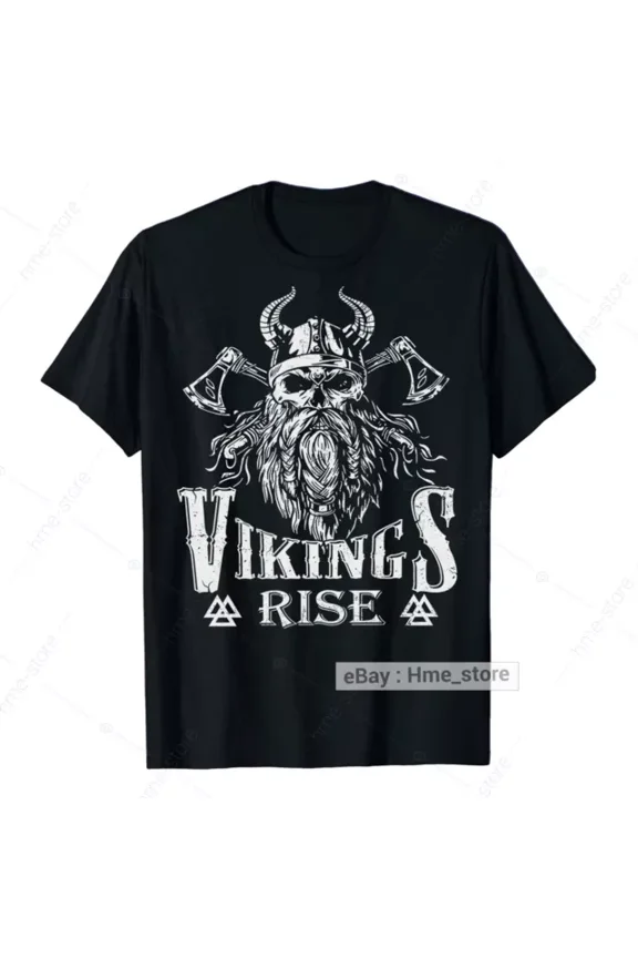 Vikings Rise Proud Viking Warrior T-Shirt Norse Myths Valhalla Nordic Skull Tee