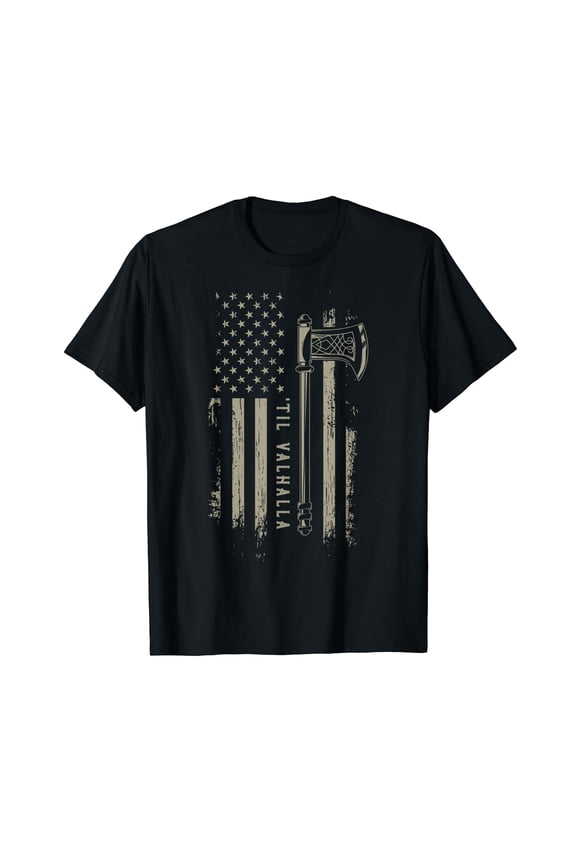 Vikings Shirt - Til Valhalla - Patriotic Viking US Flag T-Shirt Black Tee
