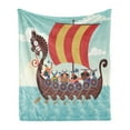 thumbnail image 1 of Vikings Soft Flannel Fleece Throw Blanket, Whimsical Cartoon Illustration of Dragon Ship and Funny Characters, Cozy Plush for Indoor and Outdoor Use, 70" x 90", Pale Seafoam Multicolor, by Ambesonne, 1 of 6