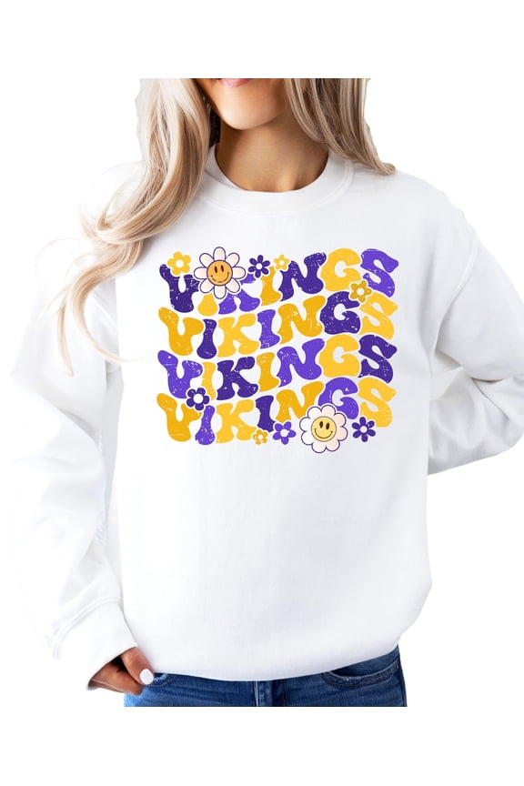 Vikings Team Sweatshirt for Women, Teens & Kids Floral Groovy Sports Team Sweater White Sweatshirt Adult Large
