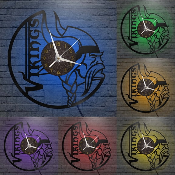 Vikings Vinyl Record Wall Clock for Kitchen Wall Decor Wall Art Gift for Lover Gift Idea for a Best Friend(C,with LED)