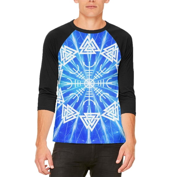 Vikings Wrath of Odin Lightning Mandala Mens Raglan T Shirt White-Black MD