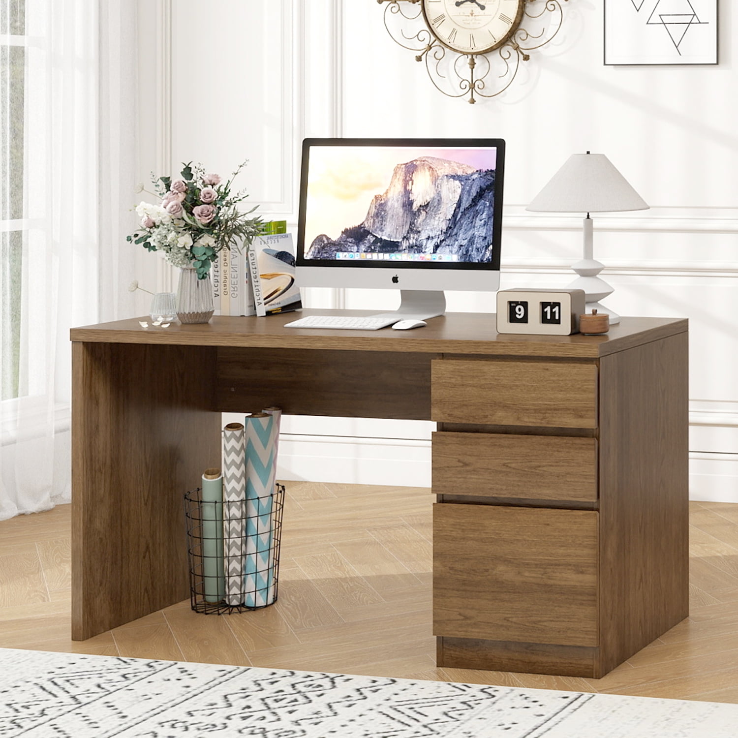 Vikiullf 53 inch Computer Desk with File Drawers (Walnut Oak) - Walmart.com
