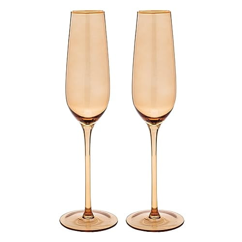 Vikko Champagne Flutes, 8.5 Ounce Toasting Champagne Flute, Amber with Gold Rim Crystal Clear Champagne Glasses, Set of 2 Elegant Sparkling Wine Glasses