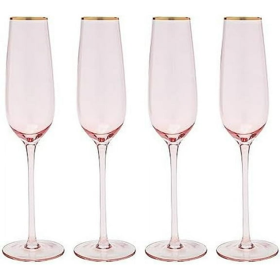 Vikko Champagne Flutes, 8.5 Ounce Toasting Champagne Flute, Pink with Gold Rim Crystal Clear Champagne Glasses, Set of 4 Elegant Sparkling Wine Glasses