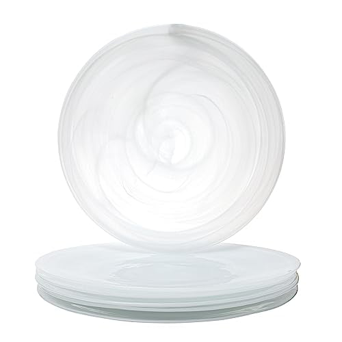 Vikko Charger Plates, Set of 6 White Alabaster Dinner Plates, 13" Plate with Marbelized, Swirl Design, Elegant Glass Charger, Dishwasher Safe