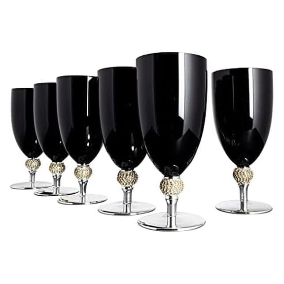 Vikko Dcor Black and Silver Goblets | Large 18 Ounce Cup Striking Design with Diamante Accents Thick and Durable Glass Dishwasher Safe Set of Six Stunning Glasses 7.8 x 3.5
