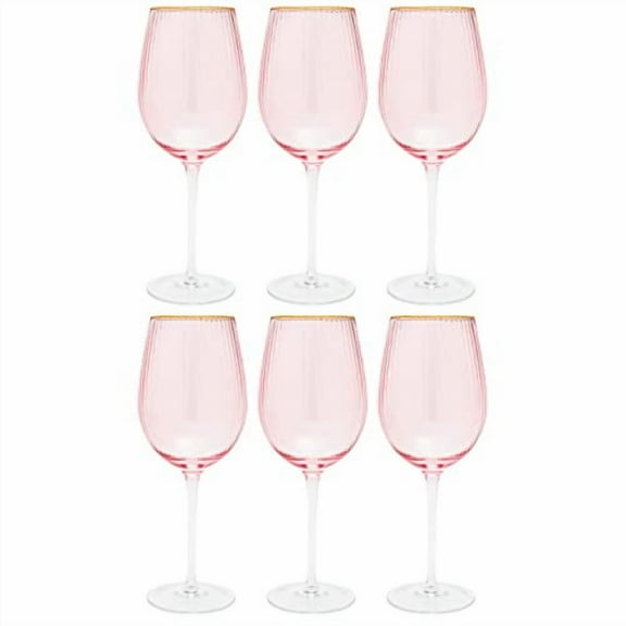 Vikko D?cor Wine Glasses, Set of 6 Peach Blown Glass with Gold Rim, 14 Ounce Fancy Wine Glasses With Stem for Red and White Wine, Dishwasher Safe Goblets, Decorative Wine Glasses