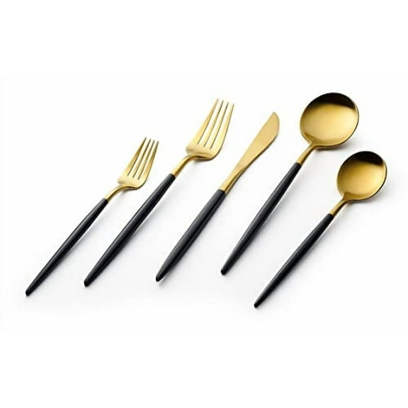Vikko Decor Modern Silverware Set, Matte Black and Gold Flatware Set, 18/10 Stainless Steel, Elegant Long Handled Cutlery, Two Toned Silverware for Upscale Dining, 20 Pc Set, Service for 4